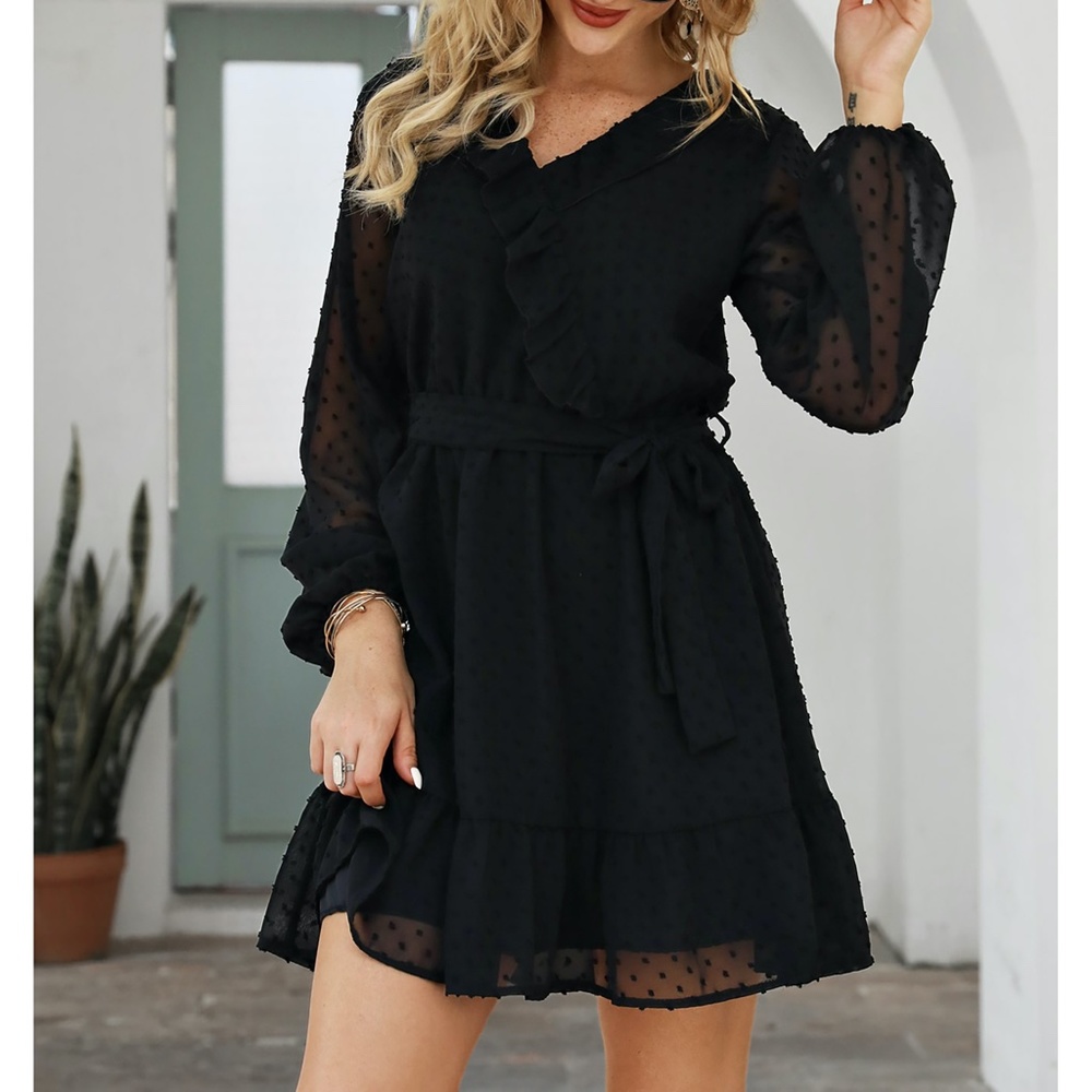 Black Swiss Dot Sheer Sleeves Ruffle Belted Dress - Picture 7 of 10